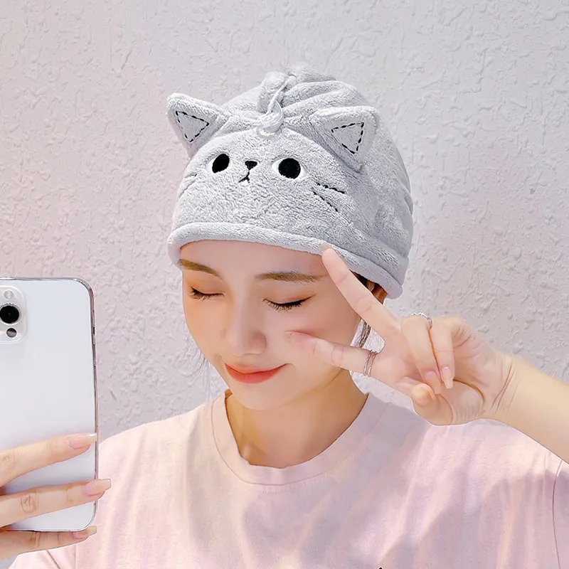 Cute Cat Cartoon Coral Fleece Quick-Dry Hair Towel Wrap – Extra Thick Absorbent Bath Turban, Soft Fluffy Drying Cap for Women and Kids, Fast-Drying Head Wrap for Shower and Skincare